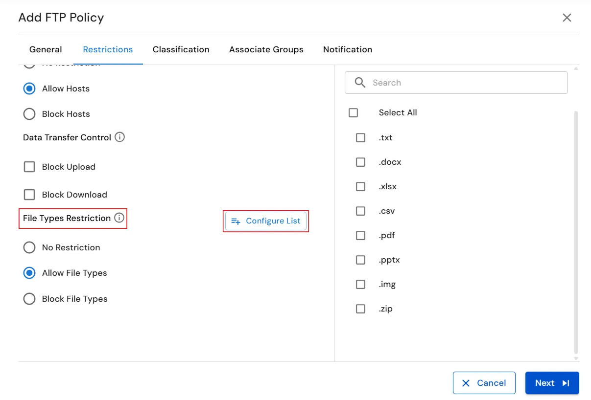 miniOrange Endpoint DLP FTP Data Transfer Control and File Types Restriction settings