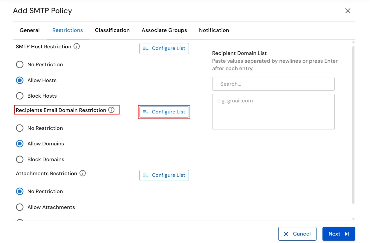 miniOrange Endpoint DLP Recipient Domain List configuration