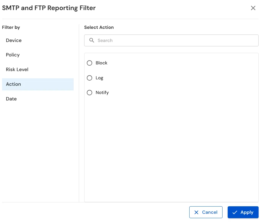 miniOrange DLP SMTP and FTP Reporting Filter with action selection