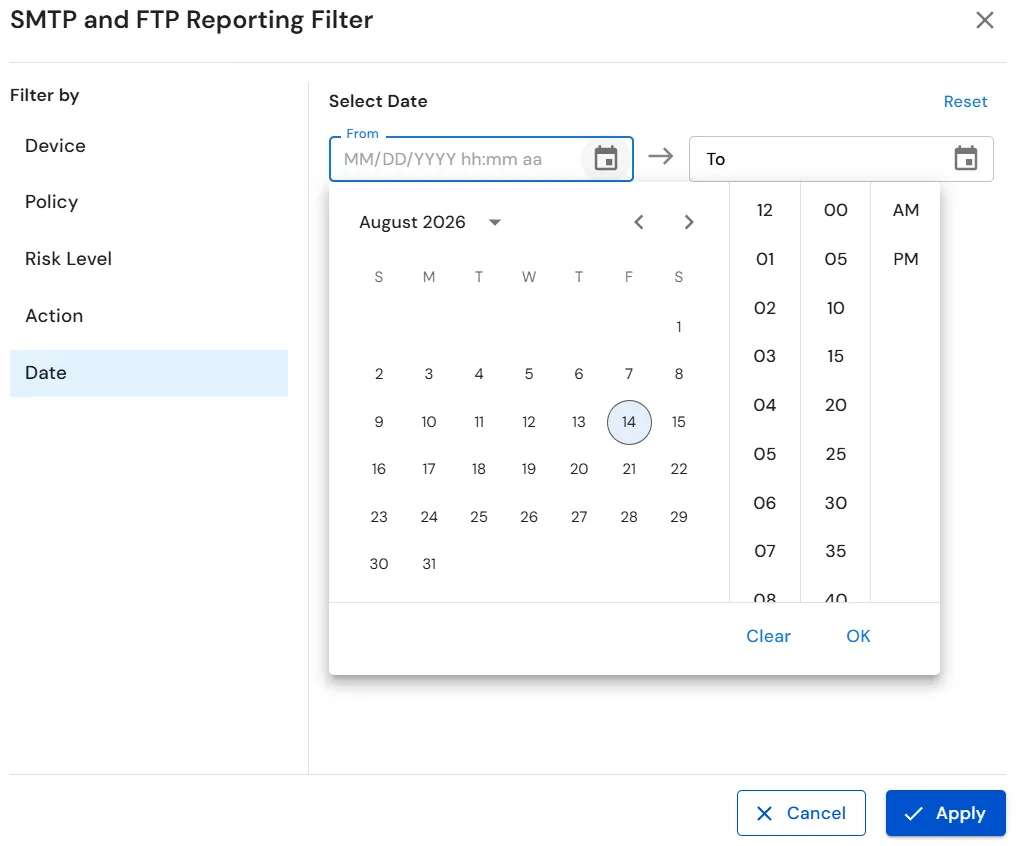 miniOrange DLP SMTP and FTP Reporting Filter with date range selection
