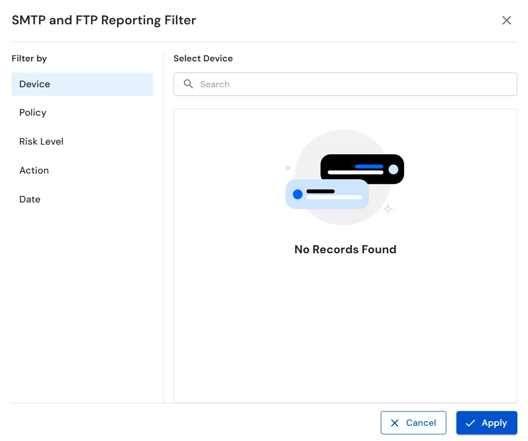 miniOrange DLP SMTP and FTP Reporting Filter with device selection