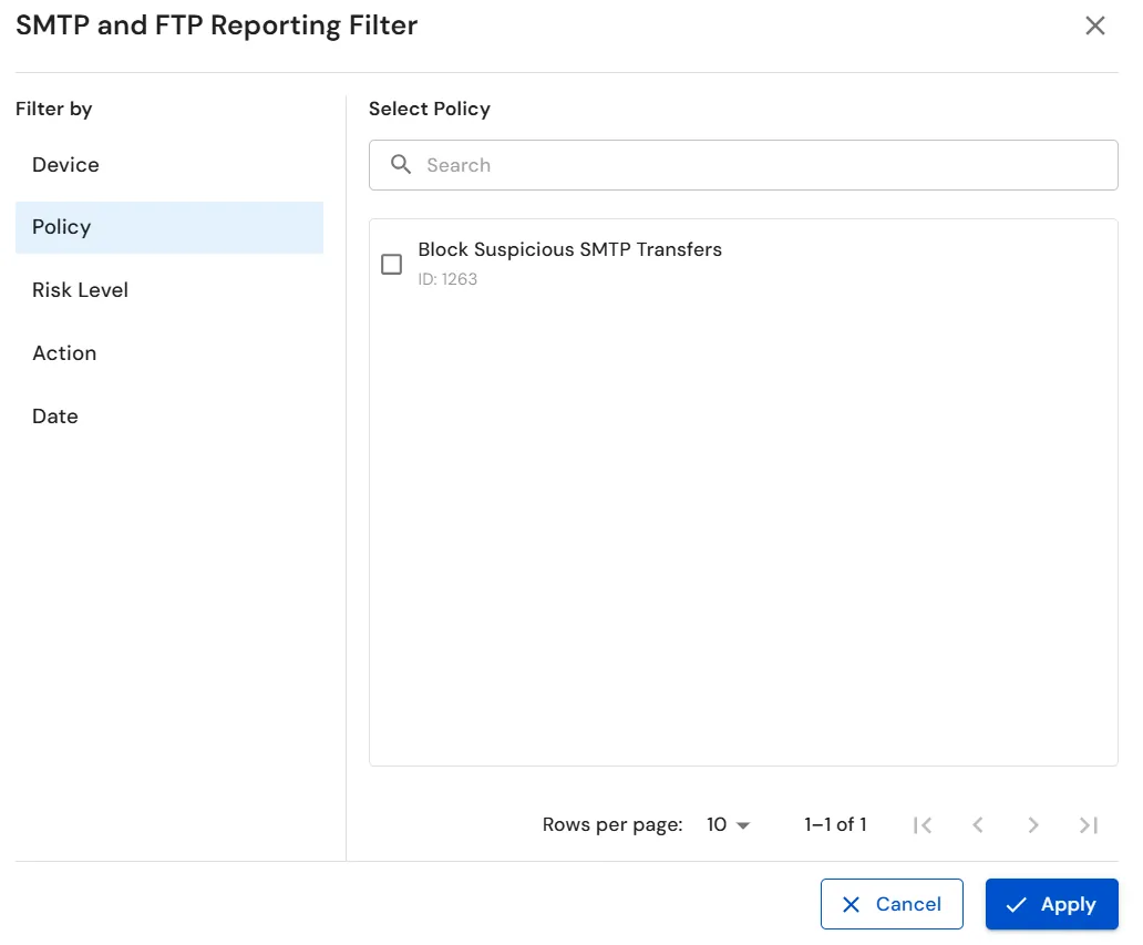 miniOrange DLP SMTP and FTP Reporting Filter with policy selection