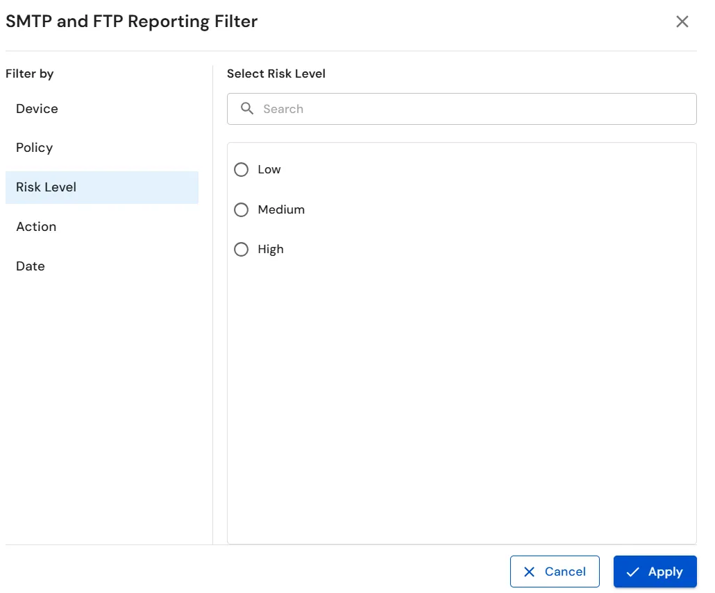 miniOrange DLP SMTP and FTP Reporting Filter with risk level selection