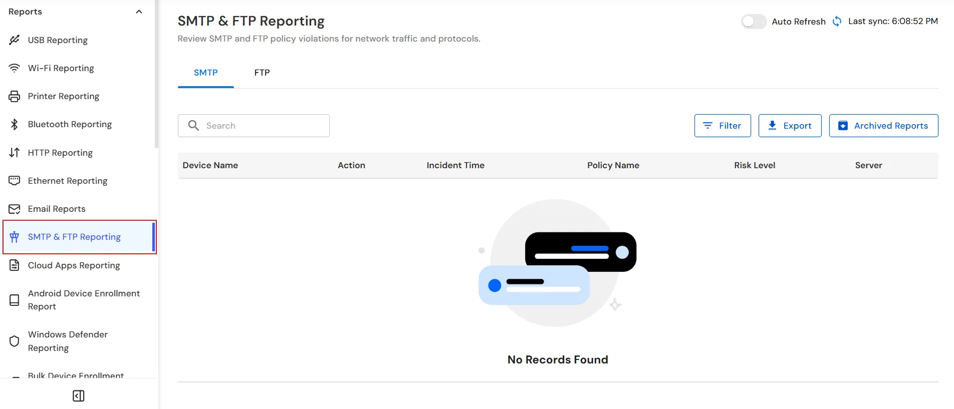 miniOrange DLP SMTP and FTP Reporting page