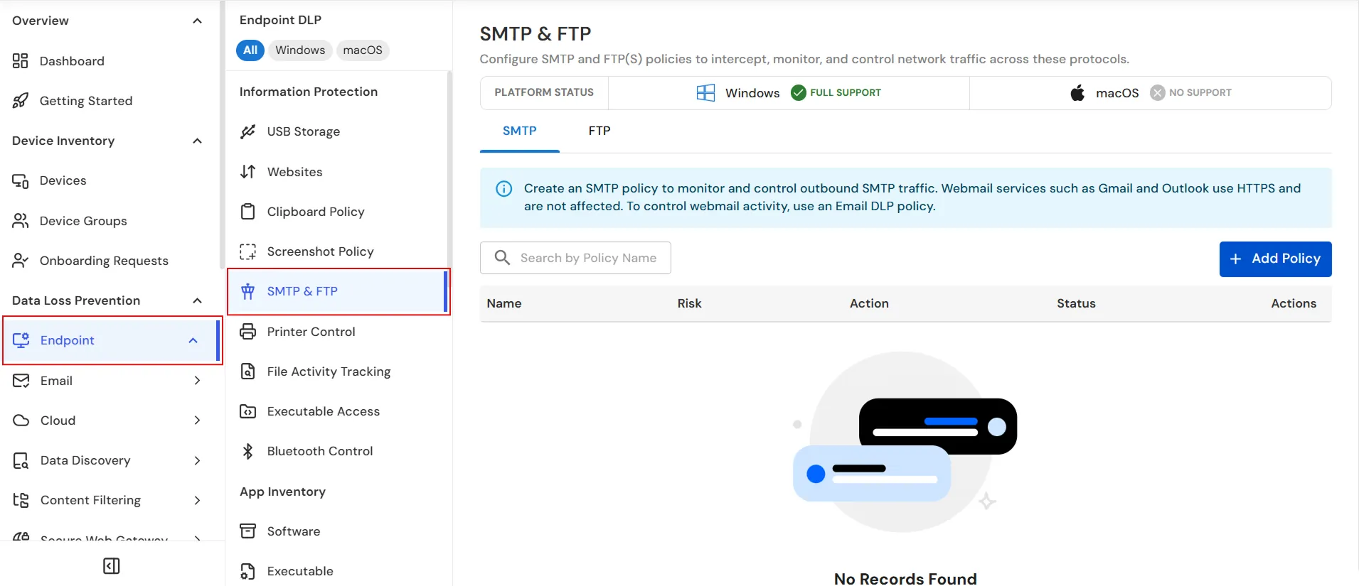 miniOrange Endpoint DLP SMTP and FTP page