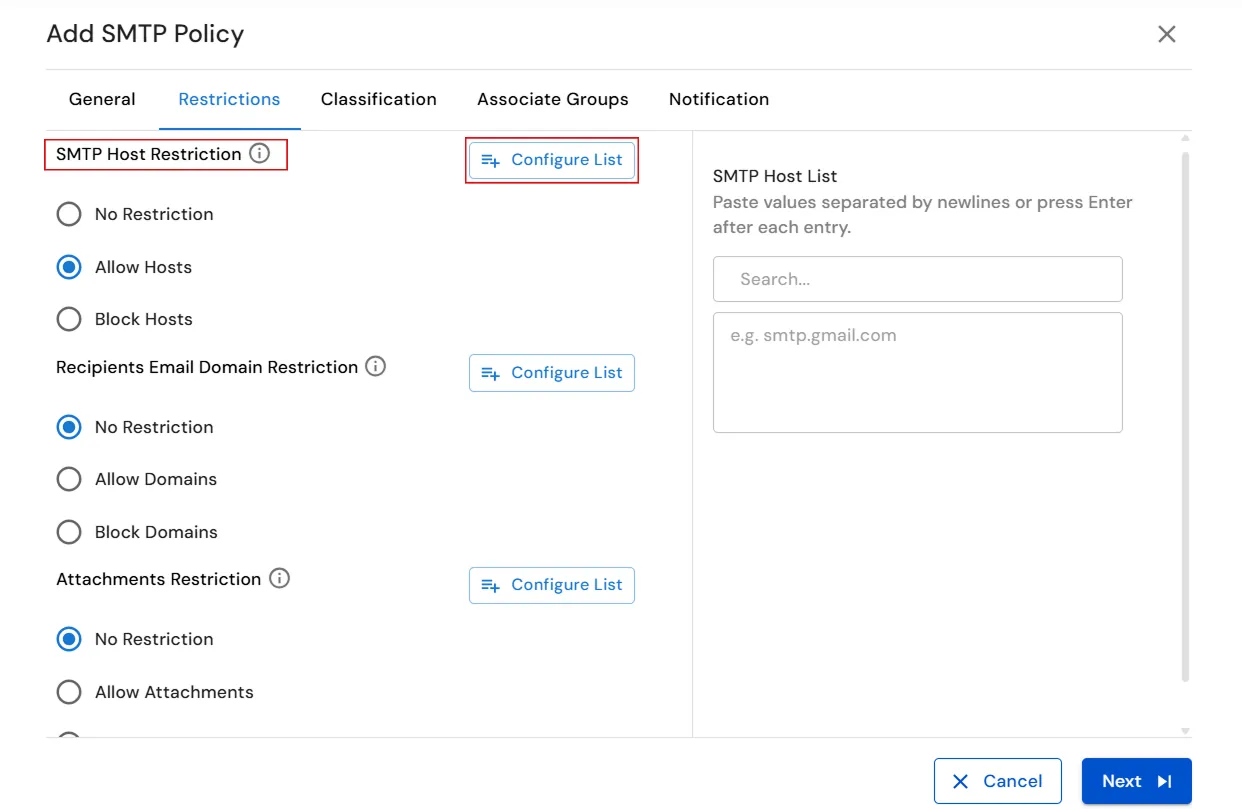 miniOrange Endpoint DLP SMTP Host List configuration