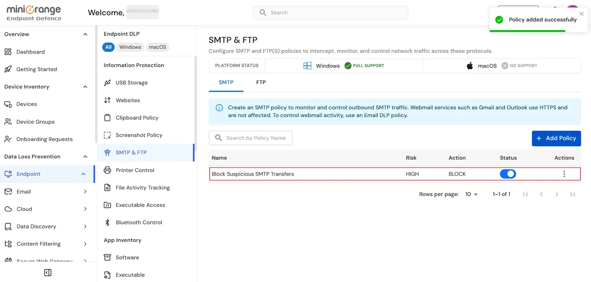 miniOrange Endpoint DLP SMTP policy successfully created