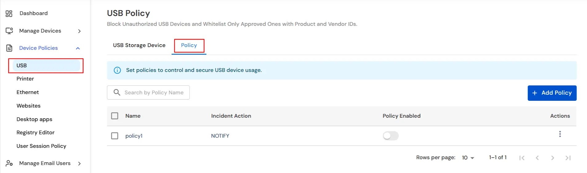 miniOrange DLP USB Policy Setup | Navigating to the USB policy section in the DLP dashboard 