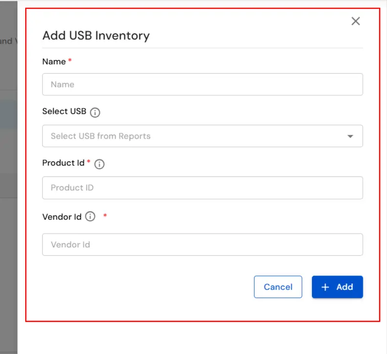 miniOrange DLP Add USB Storage Device form with Product ID and Vendor ID for whitelisting