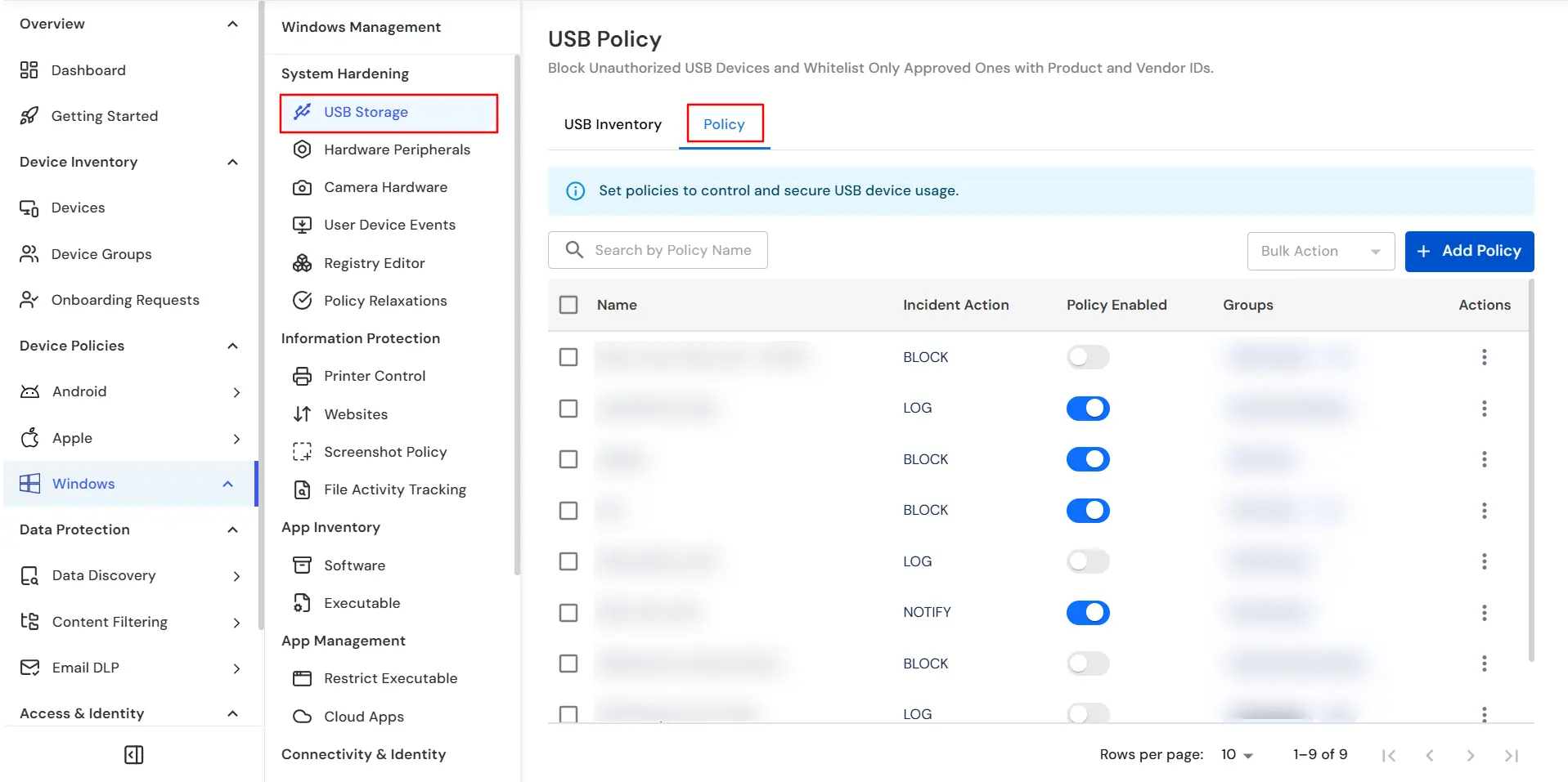 miniOrange DLP USB Storage Policy tab to add and configure USB blocking policy