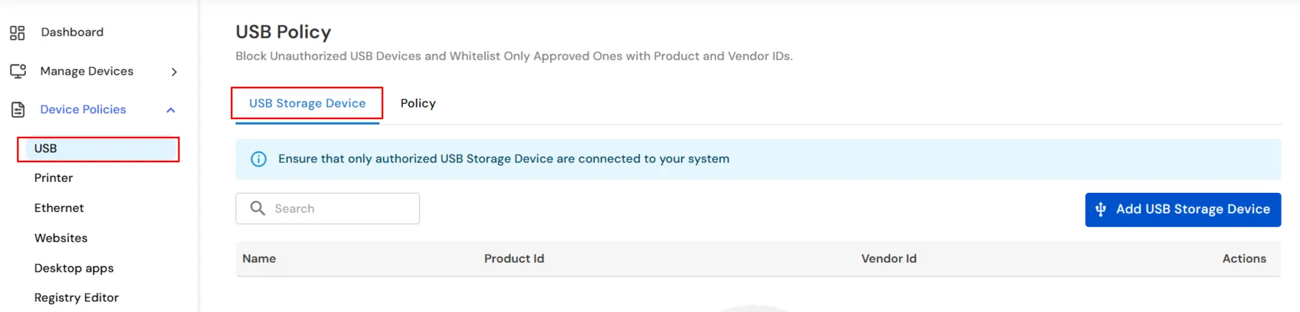 miniOrange DLP USB Policy Setup | Navigating to USB Storage Device settings in DLP