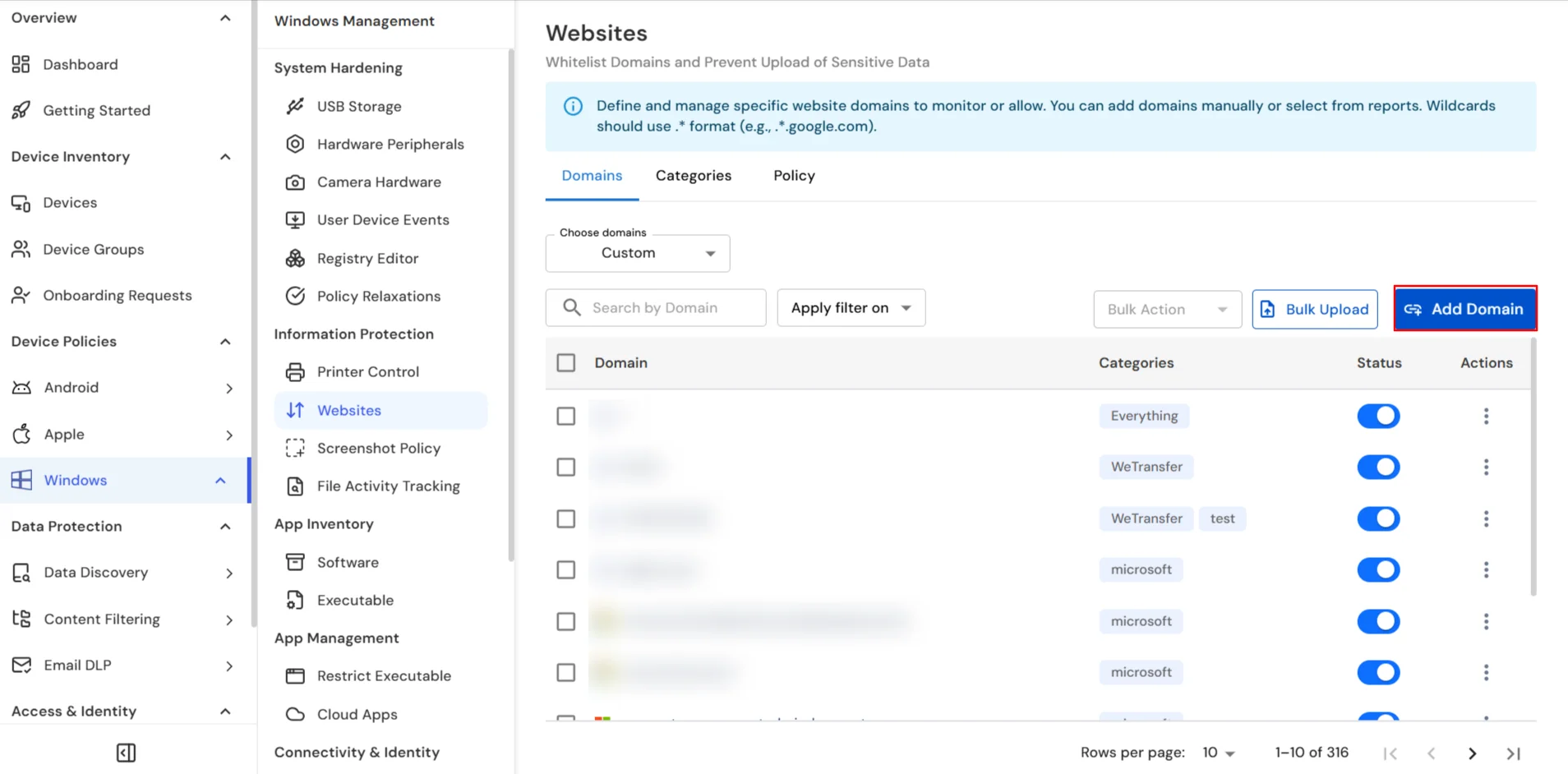 miniOrange DLP Domains tab Add Domain for website category and domain configuration