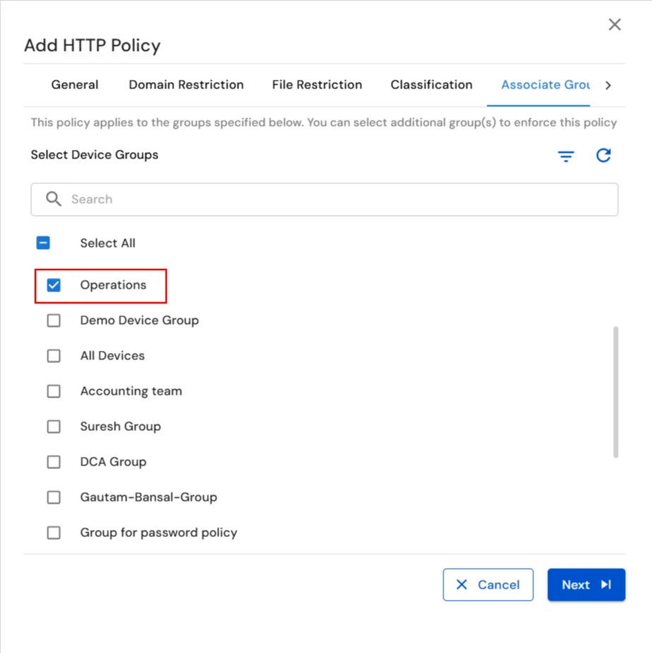 miniOrange DLP Associate Groups to apply website policy to Operations and device groups