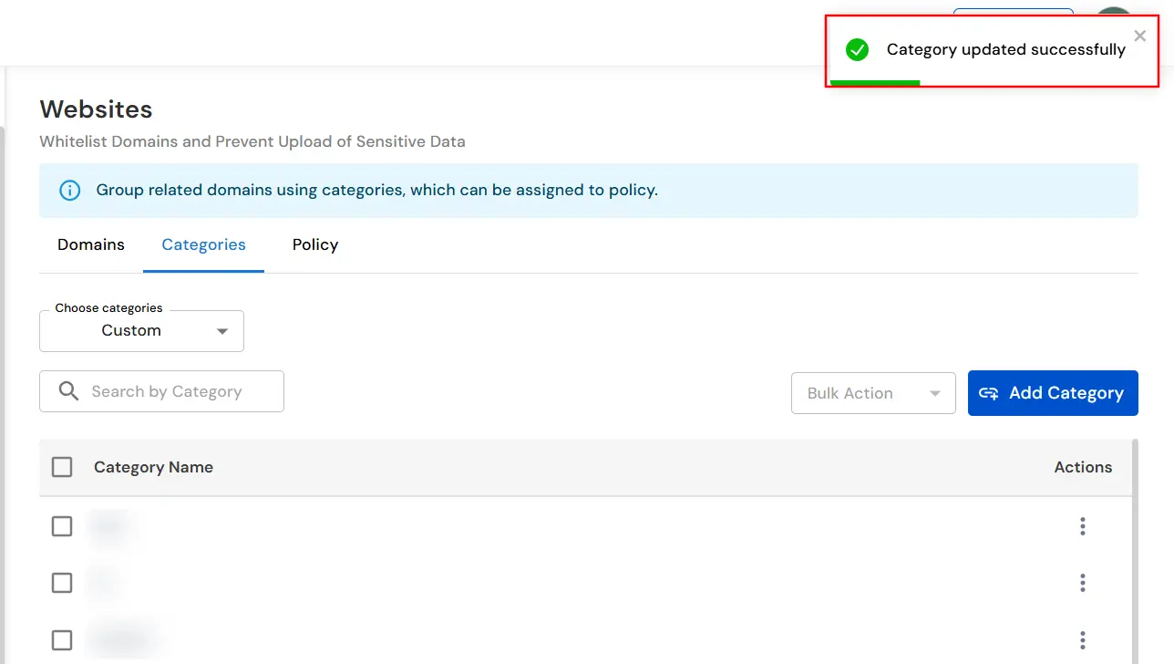 miniOrange DLP domain and category configurations saved successfully for website policy