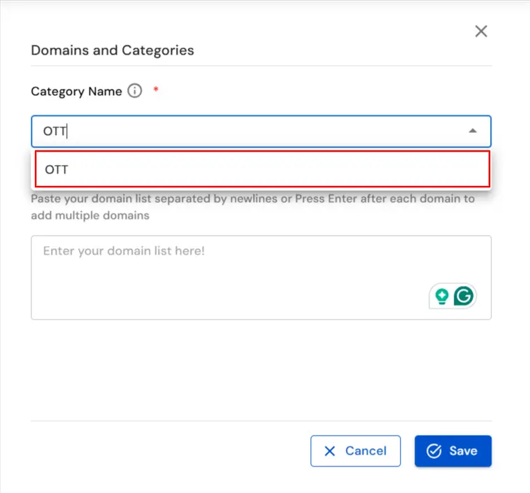 miniOrange DLP category name OTT for grouping domains in website policy