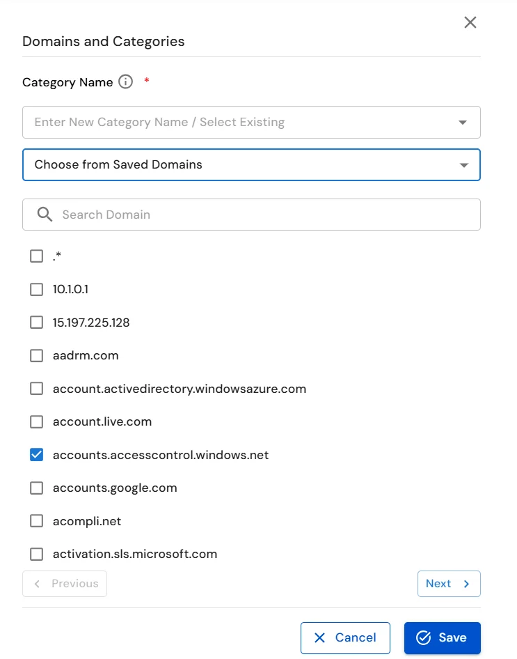 miniOrange DLP choose saved domain or enter manually for website category
