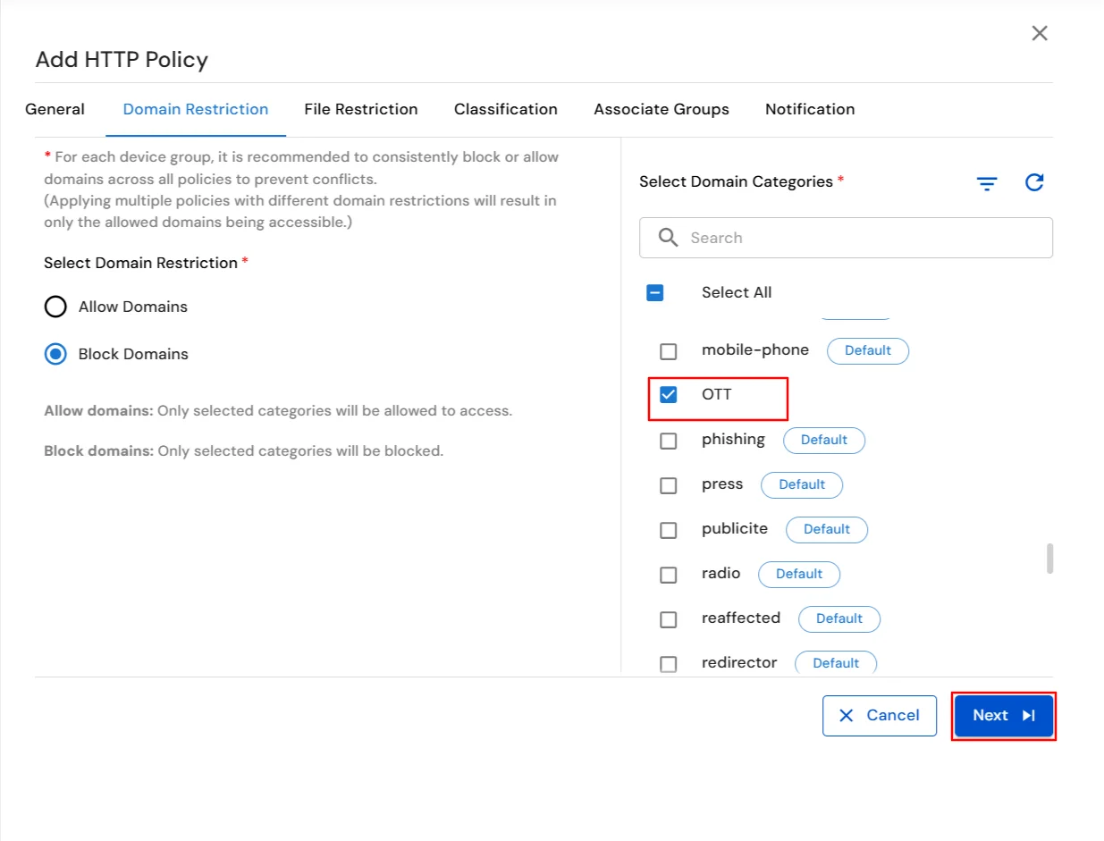 miniOrange DLP Domain Restriction tab Block Domains with category selection for website policy