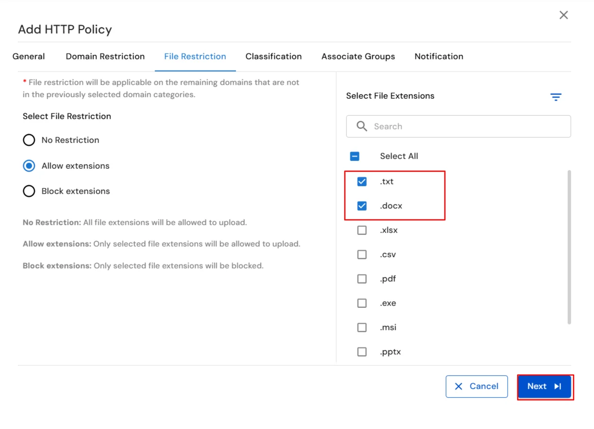 miniOrange DLP File Restriction tab for allowed upload extensions in website policy