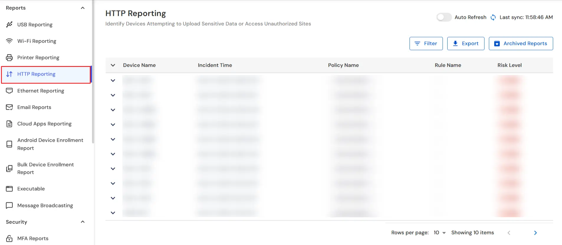 miniOrange DLP HTTP Reporting tab for website policy breach reports and compliance audit