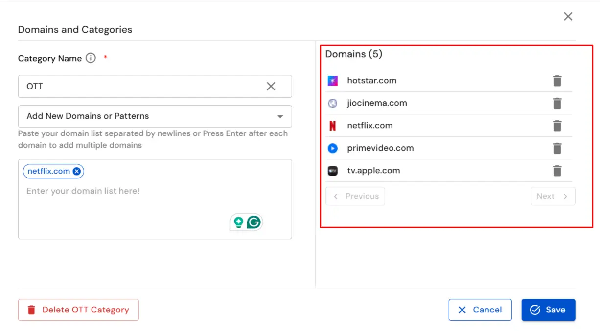 miniOrange DLP multiple domains in OTT category for website policy blocking