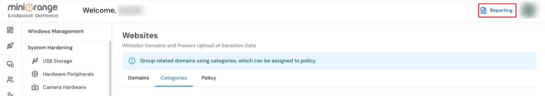 miniOrange DLP Reporting tab to access website policy breach reports and HTTP Reporting