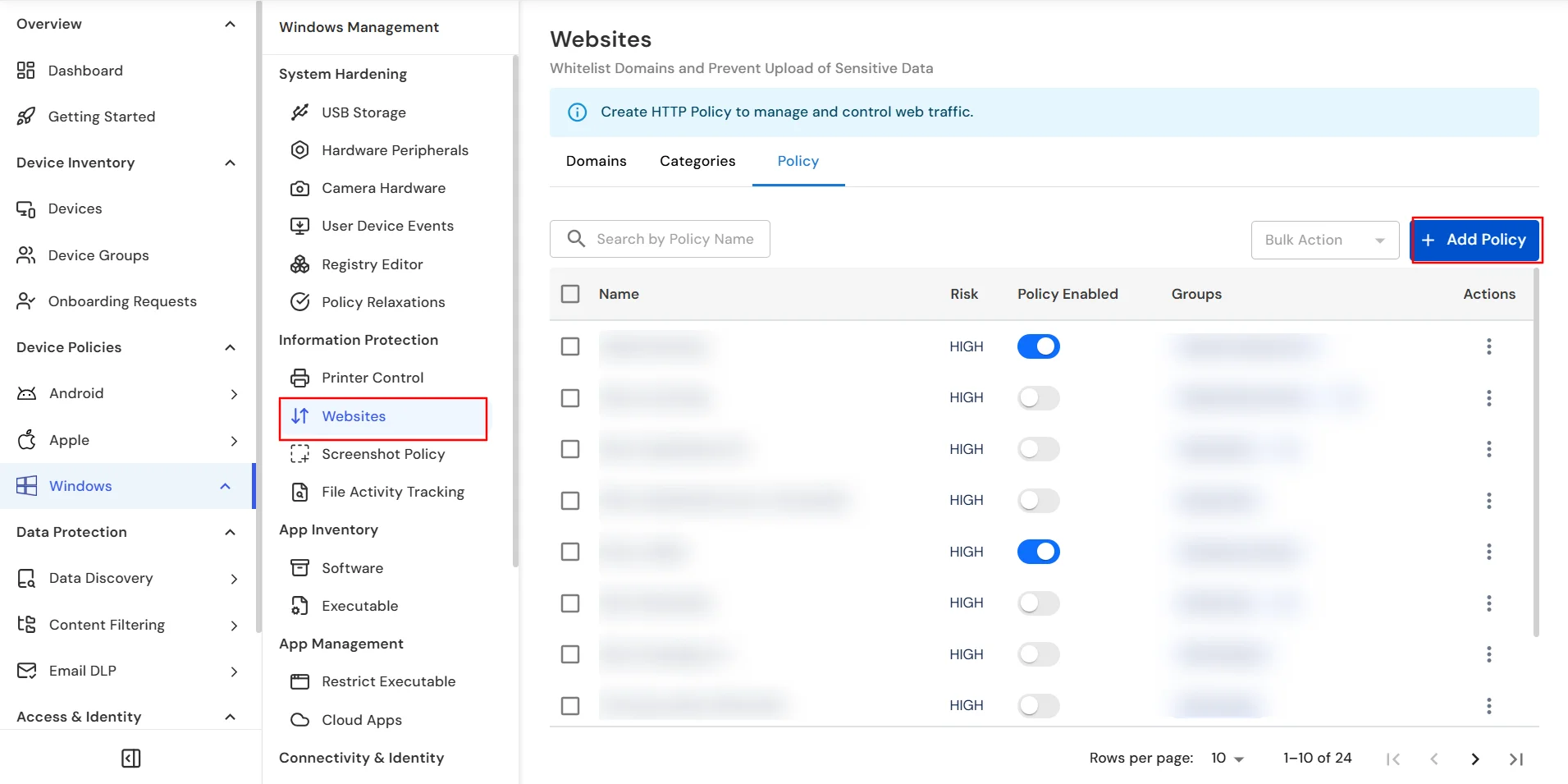 miniOrange DLP Windows Websites tab Add Policy for domain blocking and data protection