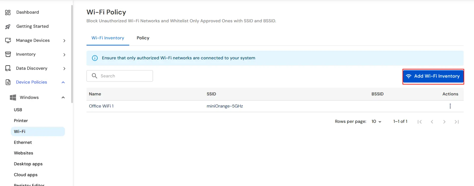 Add Wi-Fi Inventory in miniOrange DLP - Register trusted SSID and BSSID networks