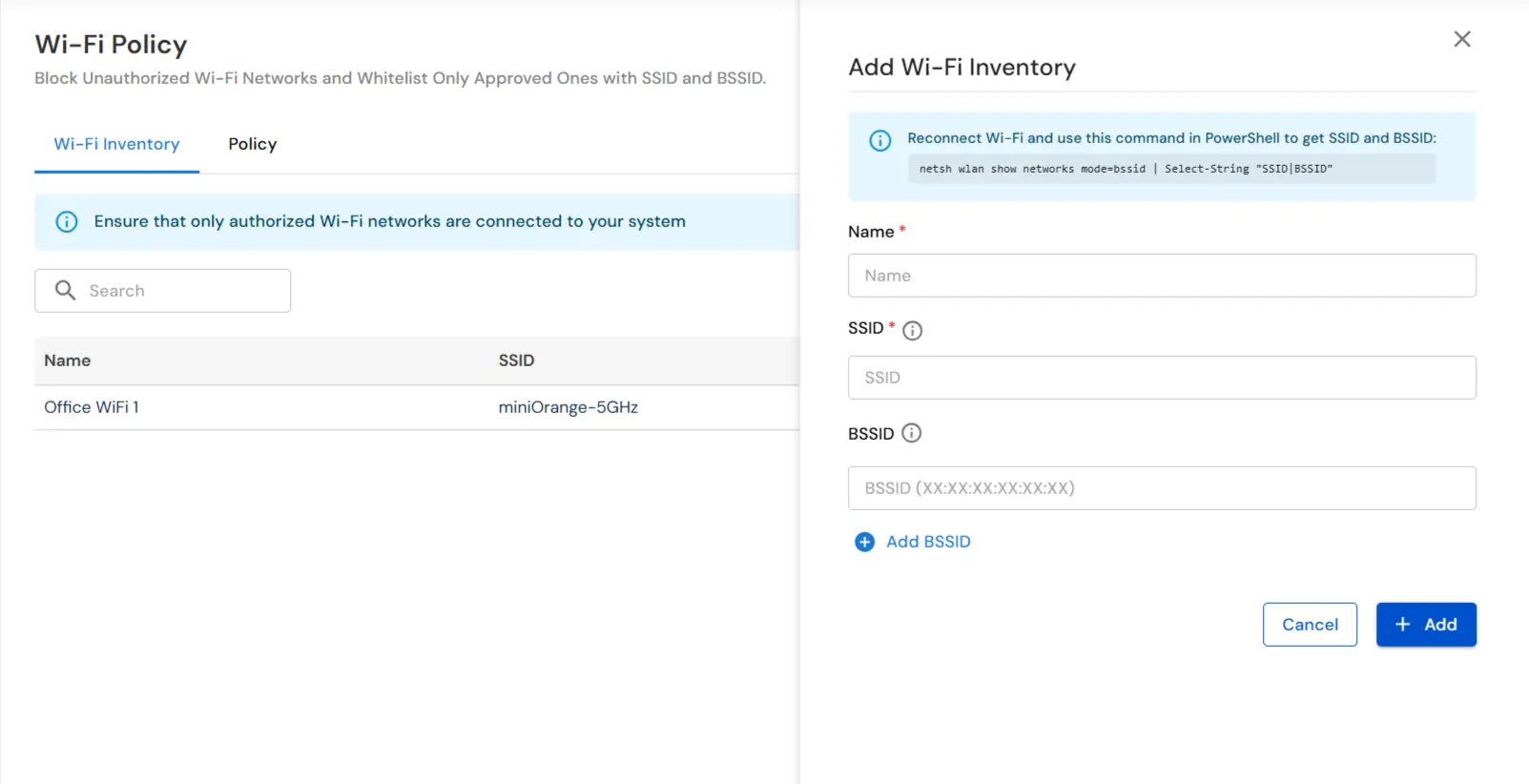 Enter Wi-Fi SSID and BSSID Details - Enroll trusted wireless networks in miniOrange DLP
