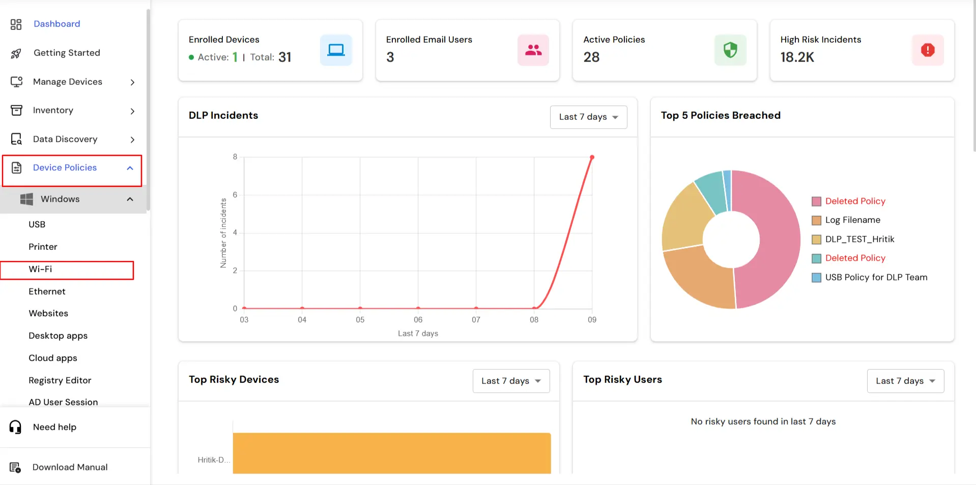 miniOrange DLP Admin Dashboard Login - Access Wi-Fi Policy configuration settings
