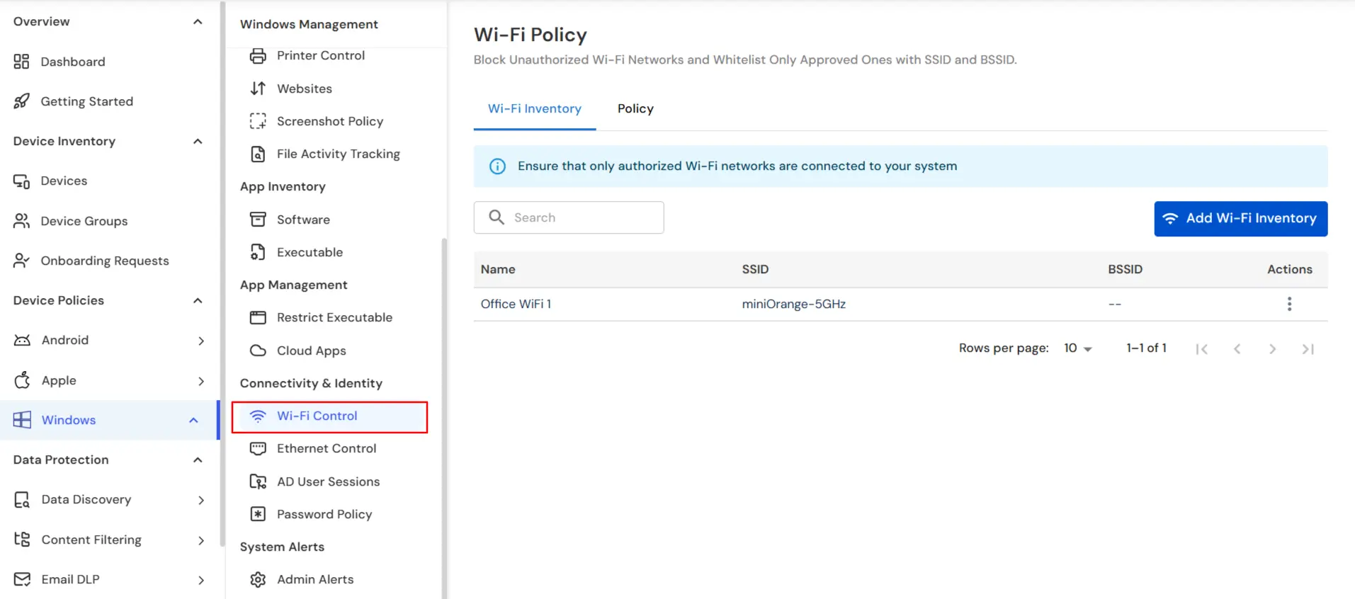 miniOrange DLP Windows Wi-Fi Control tab for SSID and BSSID network whitelisting