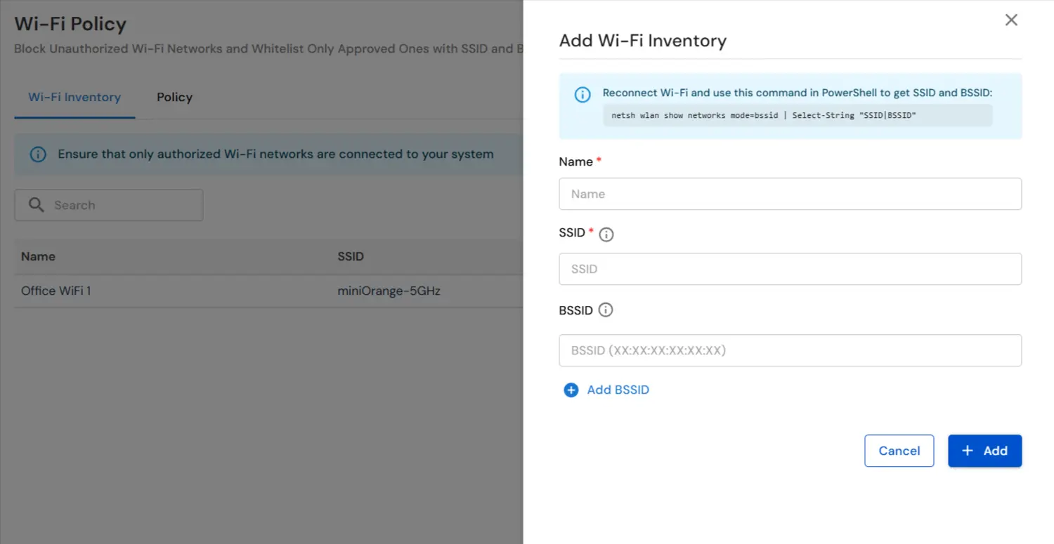 miniOrange DLP Wi-Fi inventory form to enter SSID and BSSID for trusted network enrollment