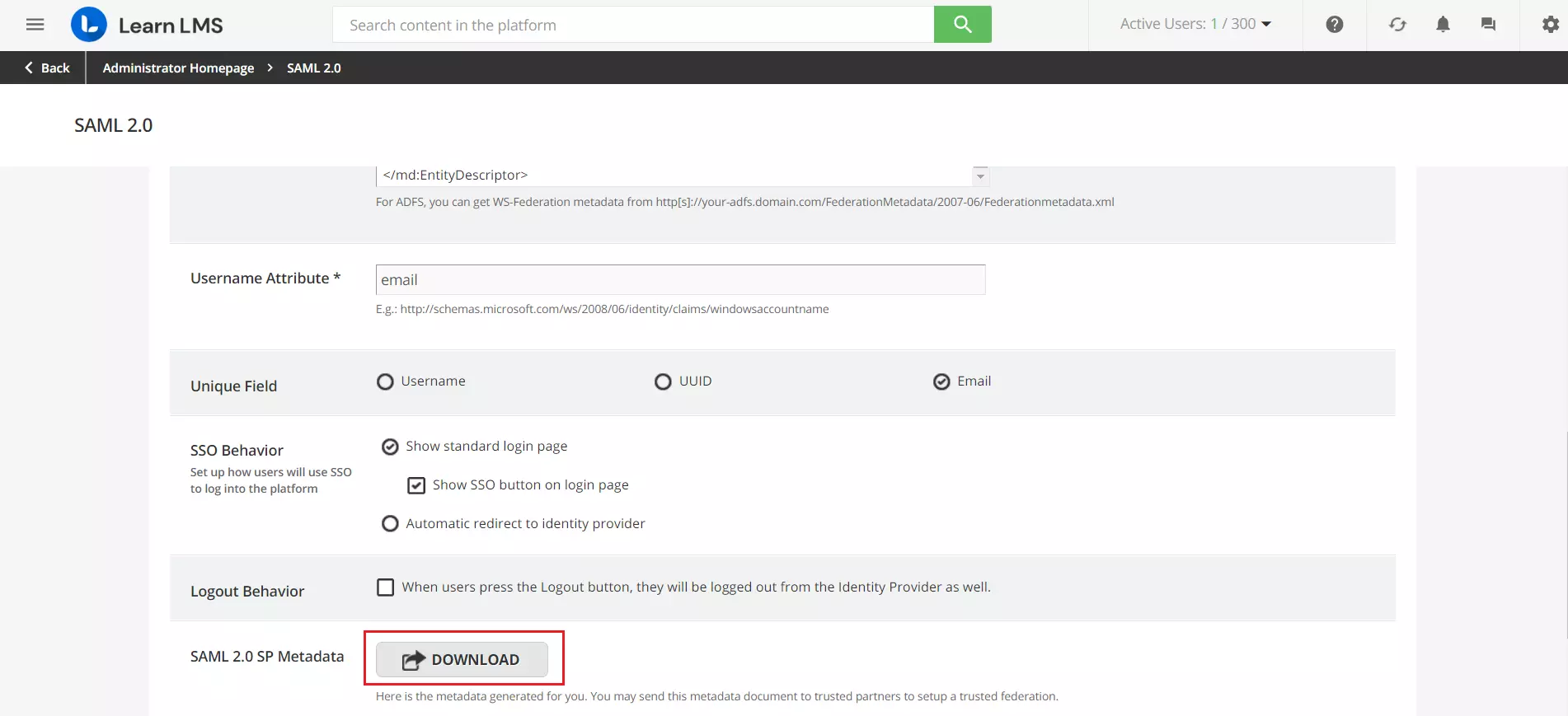 Docebo Single Sign On (SSO) user dashboard