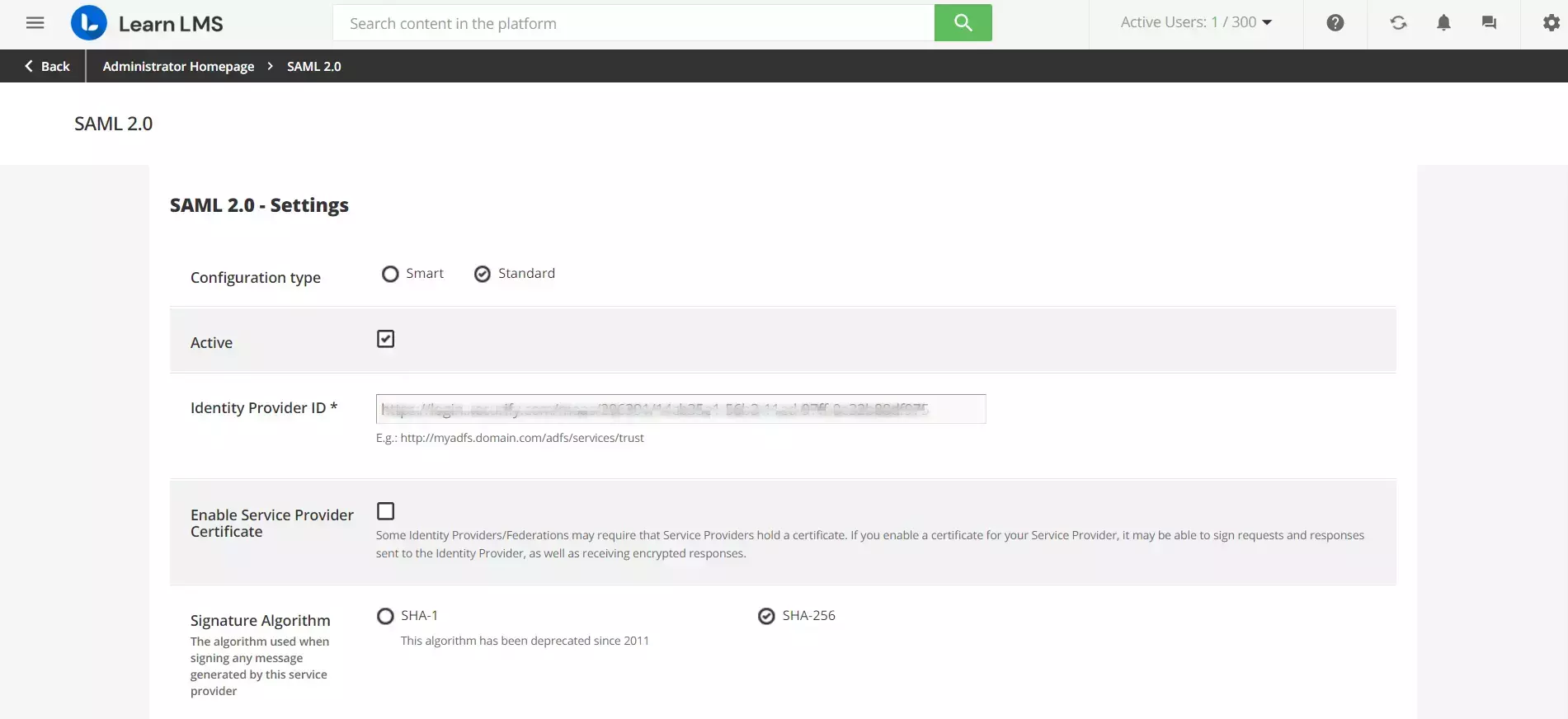 Docebo Single Sign On (SSO) user dashboard