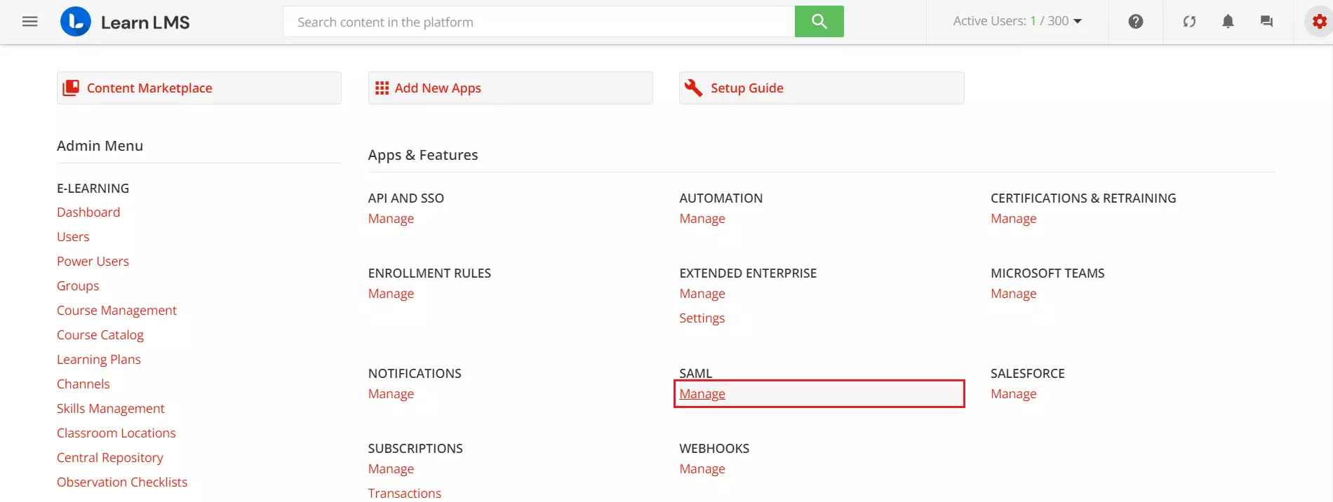 Docebo Single Sign On (SSO) user dashboard