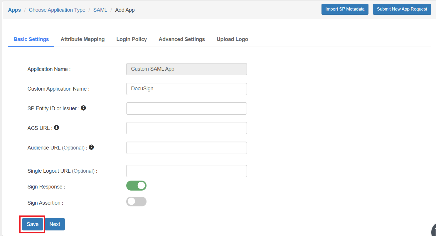 Configure DocuSign Single Sign-On (SSO): Add App