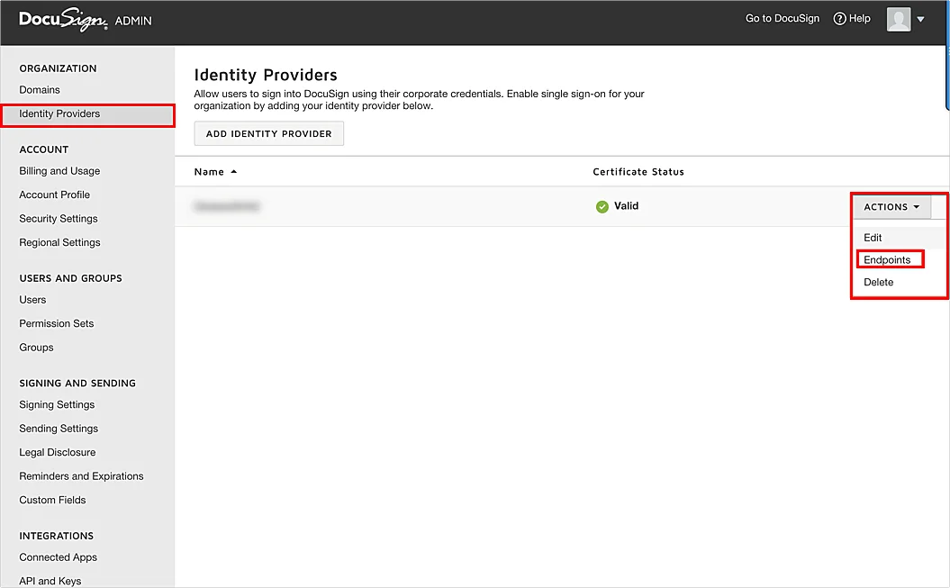 Configure DocuSign Single Sign-On (SSO): Add IDP in Docusign dashboard