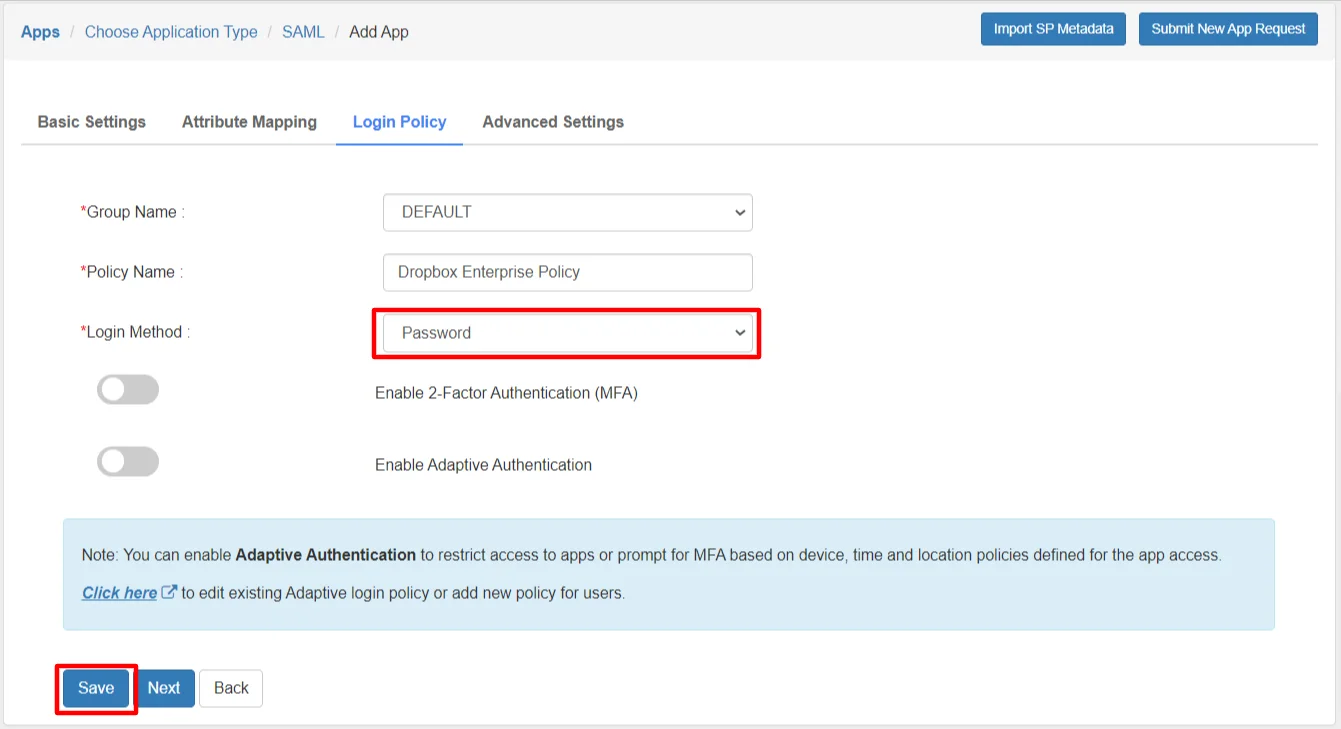 Enable Dropbox Single Sign-On (SSO) add policy
