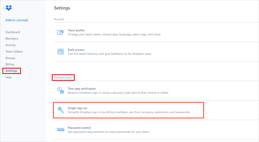 Dropbox two-factor authentication (2FA) : select authentication