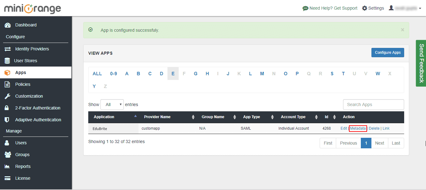 Edubrite Single Sign On (sso) metadata link