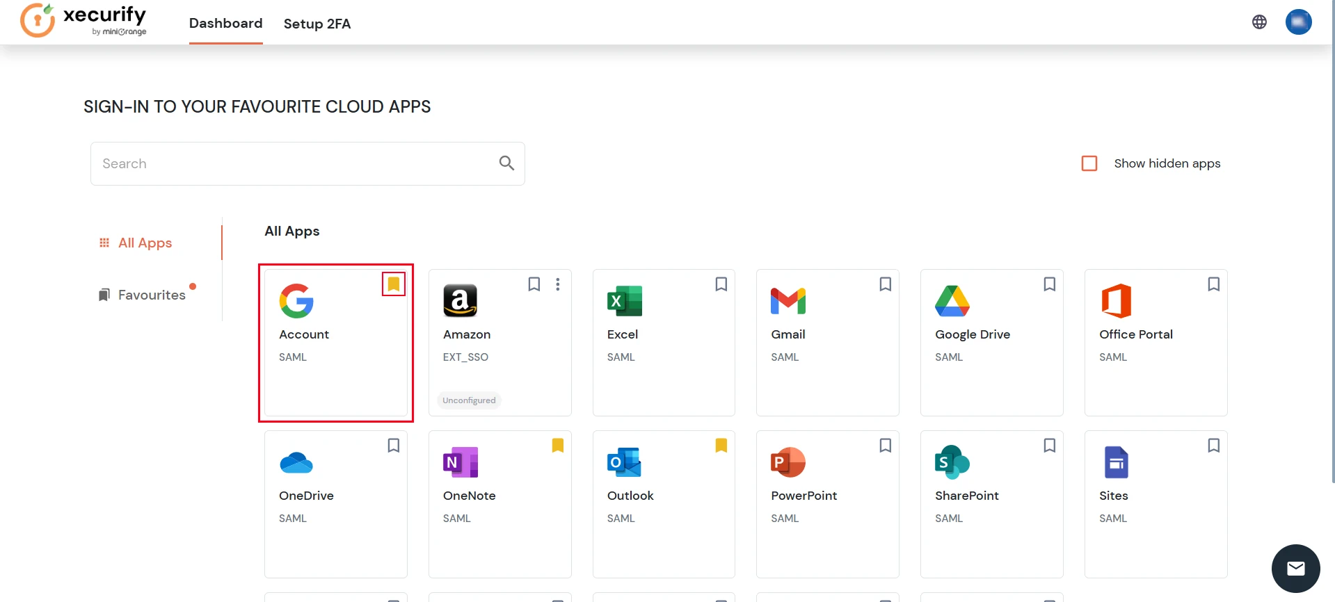 miniOrange Identity Platform End User Self-Service Portal: Favourite