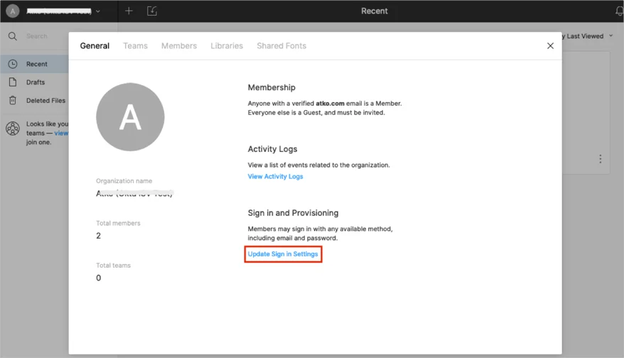 Figma two-factor authentication (2FA): sign in settings