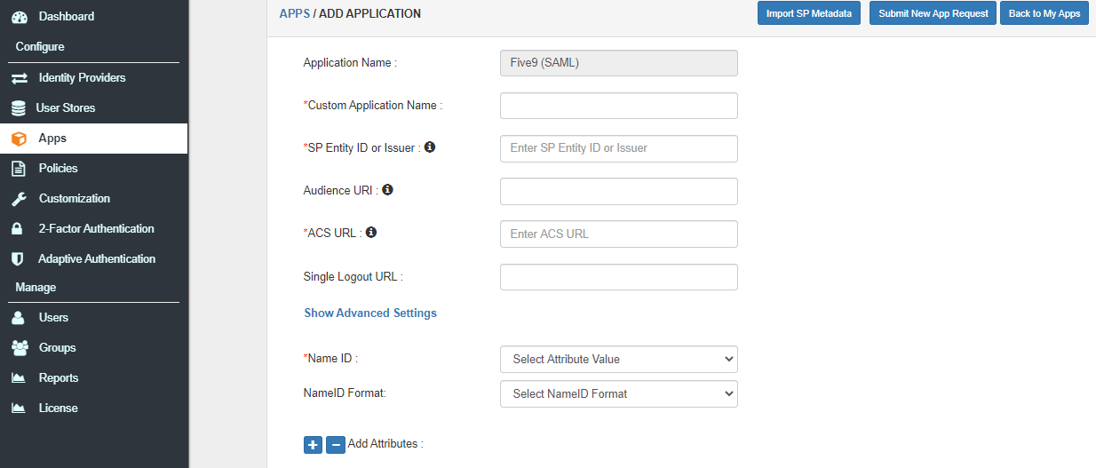 Single Sign On (sso) configure Five9 apps