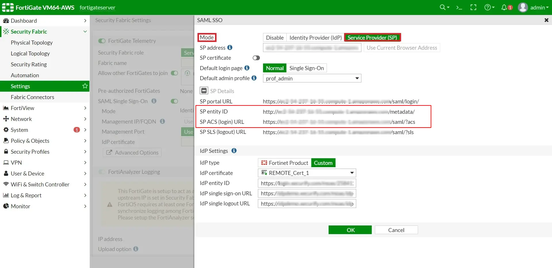 Fortigate Single Sign-On: Copy Entity ID and ACS URL from FortiGate SAML SSO