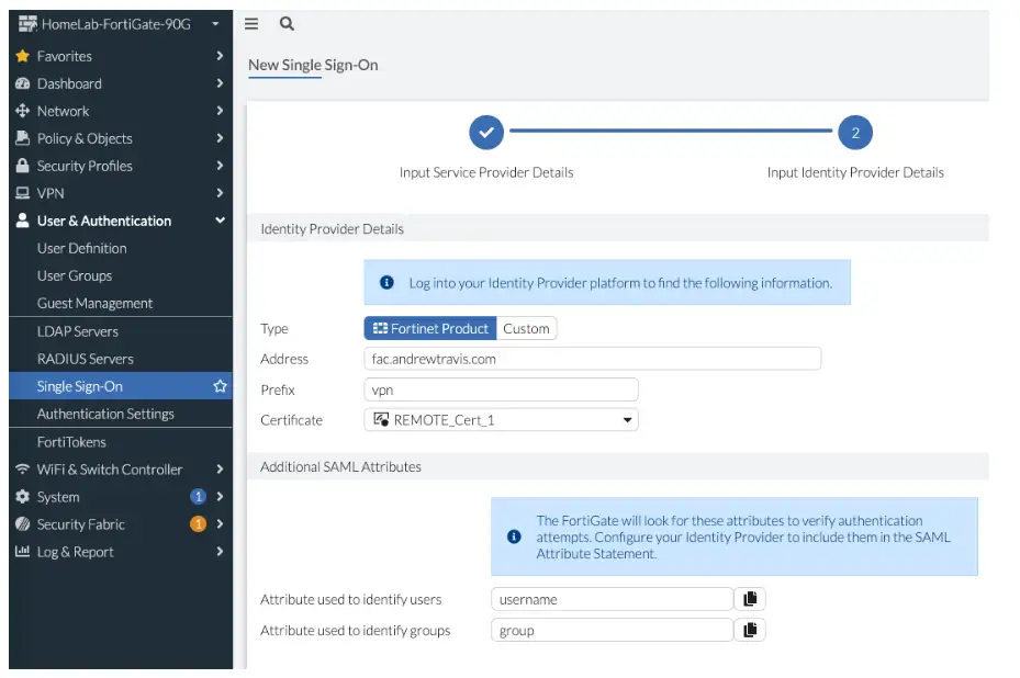 Fortinet Single Sign-On (SSO): IdP details