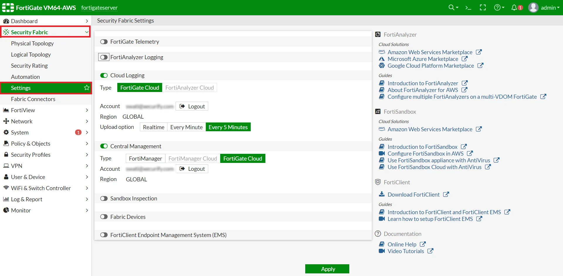 Fortinet Single Sign-On (SSO) security fabric settings