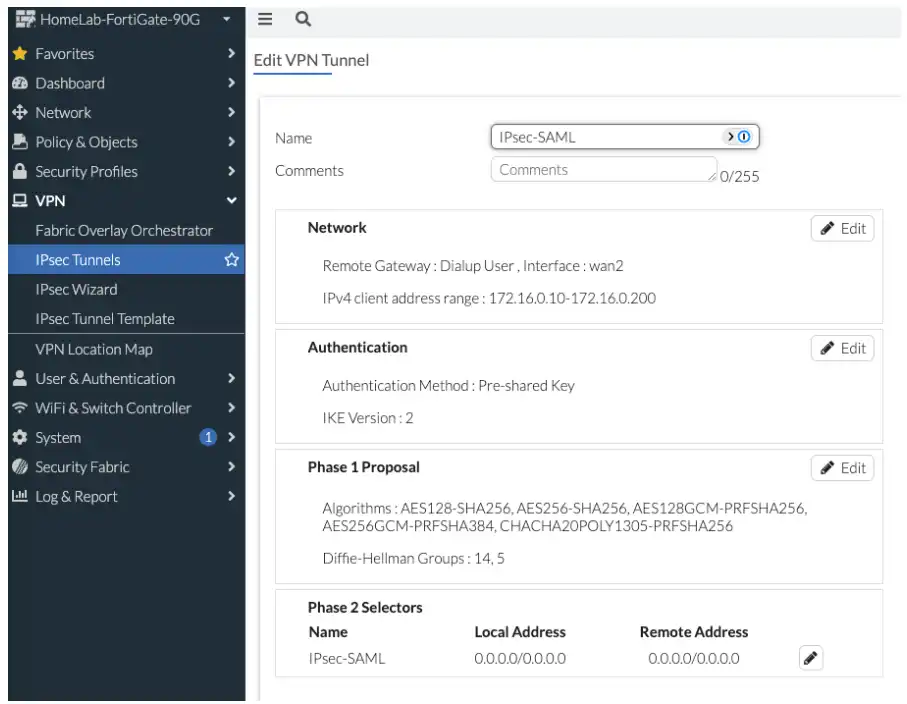 FortiGate IPsec tunnel summary