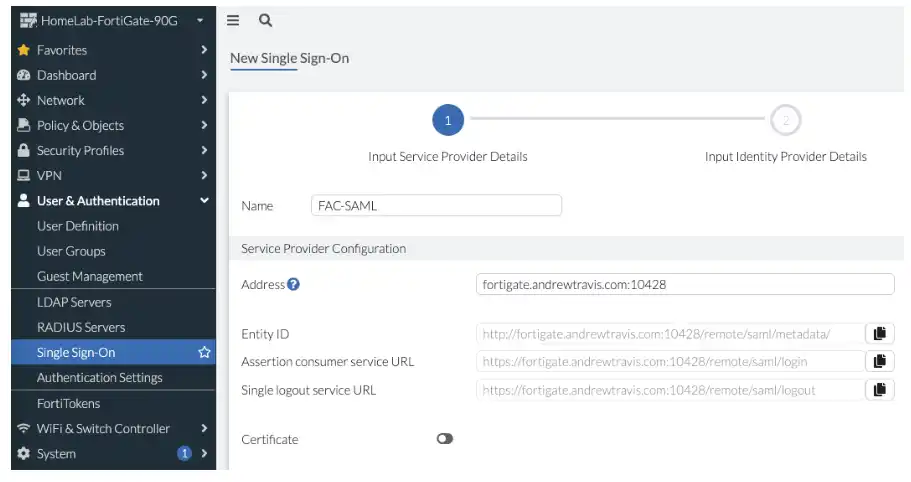 Fortinet Single Sign-On (SSO): IdP details