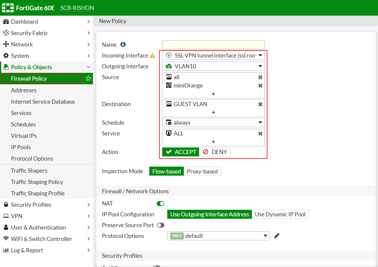 MFA 2FA Multi-Factor / two factor authentication for Fortinet  : Firewall Policy