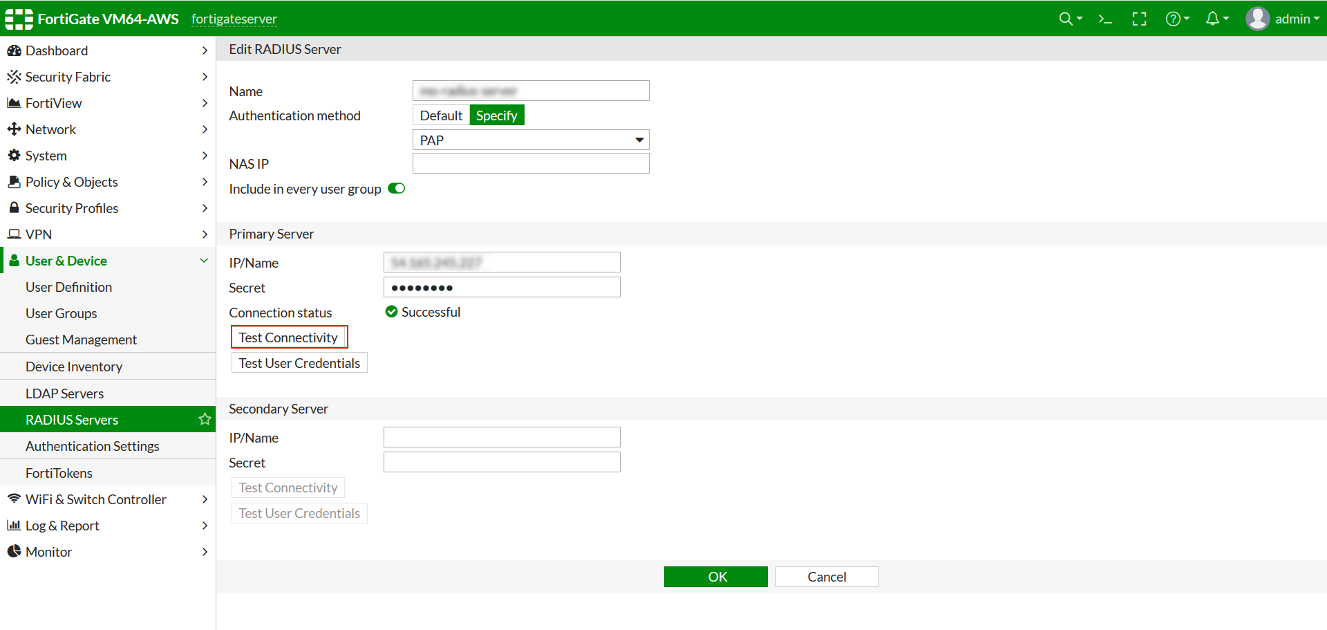 Fortinet MFA 2FA Multi-Factor / two-factor authentication?> : Test Fortigate Server Connectivity