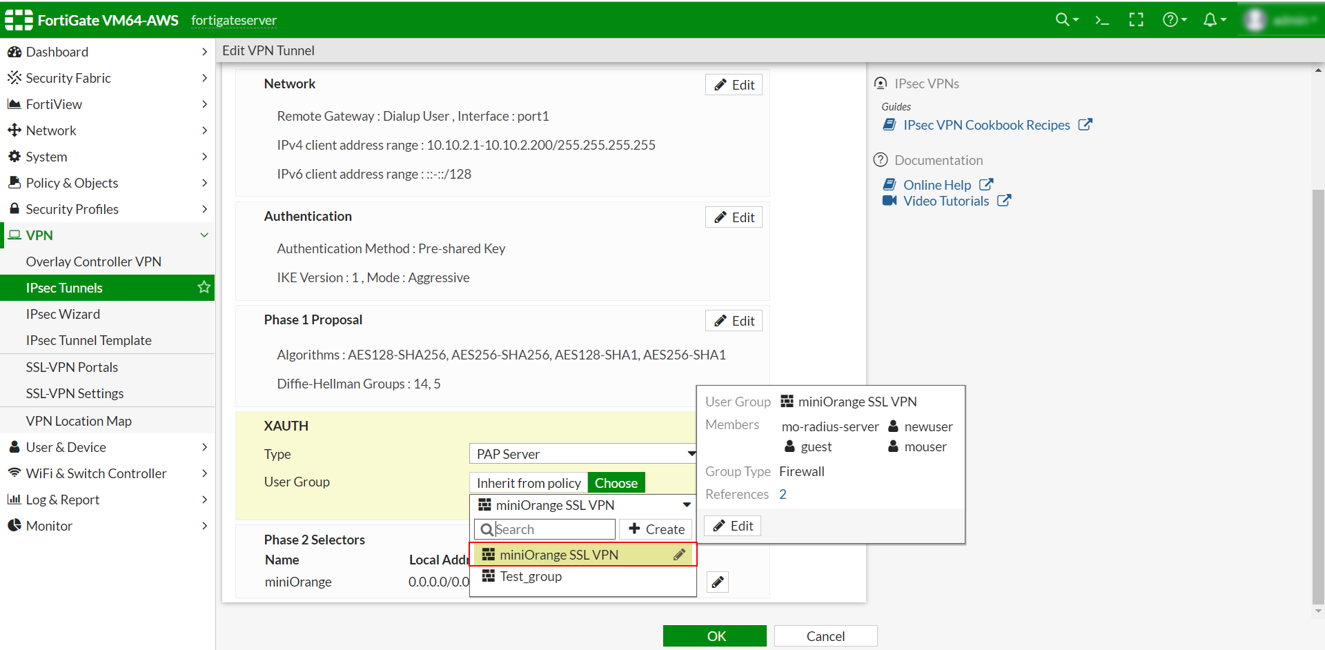 Fortinet MFA 2FA Multi-Factor / two factor authentication : Select Configured User Group